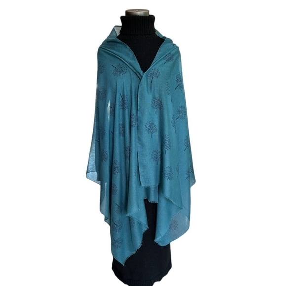 Tree of Life Print Scarf Women’s Shawl Teal Navy Blue Soft Viscose Wrap - Picture 3 of 5